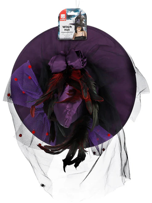 Witch Hat Adult Purple Feathers Netting Halloween Costume