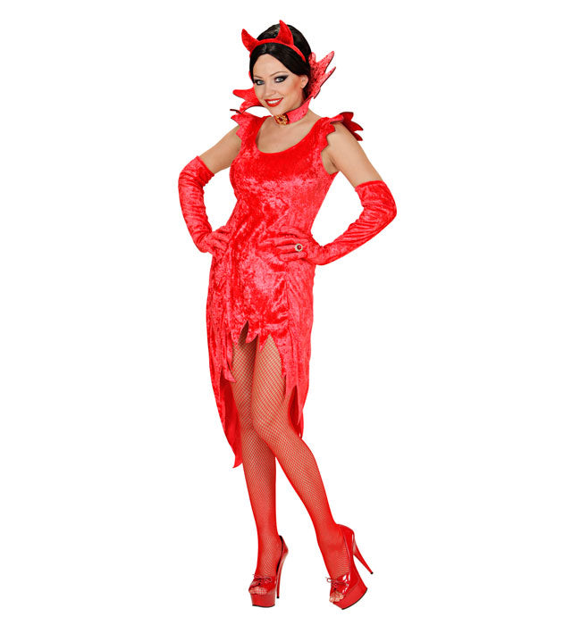 Devil Lady  Velvet Dress, Gloves, Stand-Up Collar With Gem 