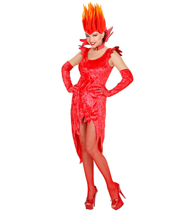 Devil Lady  Velvet Dress, Gloves, Stand-Up Collar With Gem 