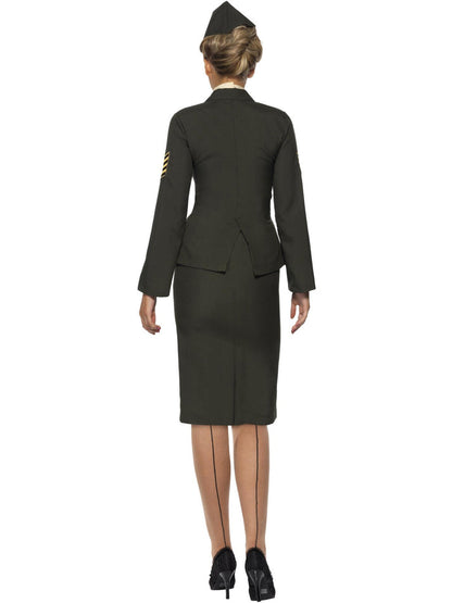 Wartime Officer Costume Green Skirt Jacket with Medal Mock Shirt Front Tie Hat 3