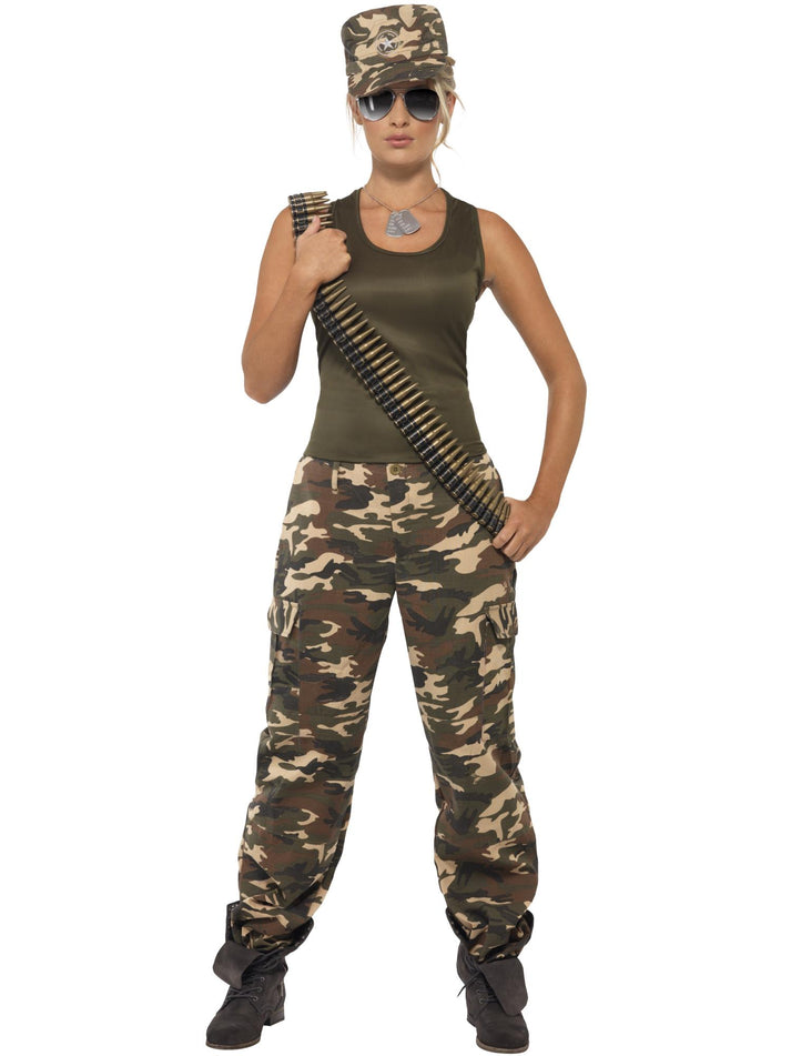 Khaki Camo Deluxe Costume Ladies Khaki Green with Vest Trousers and Hat 4