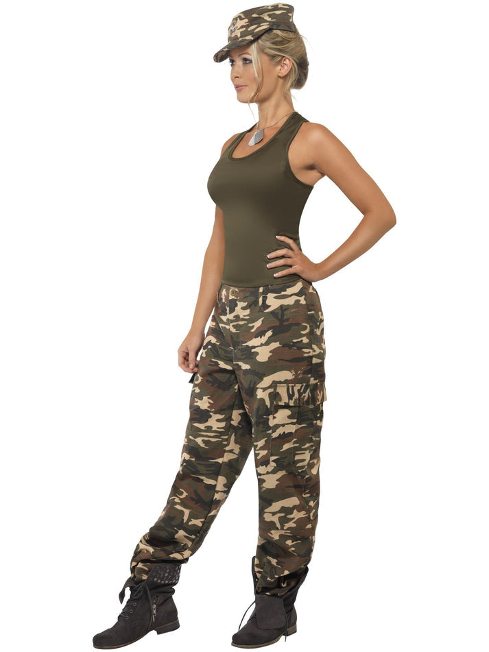 Khaki Camo Deluxe Costume Ladies Khaki Green with Vest Trousers and Hat 2