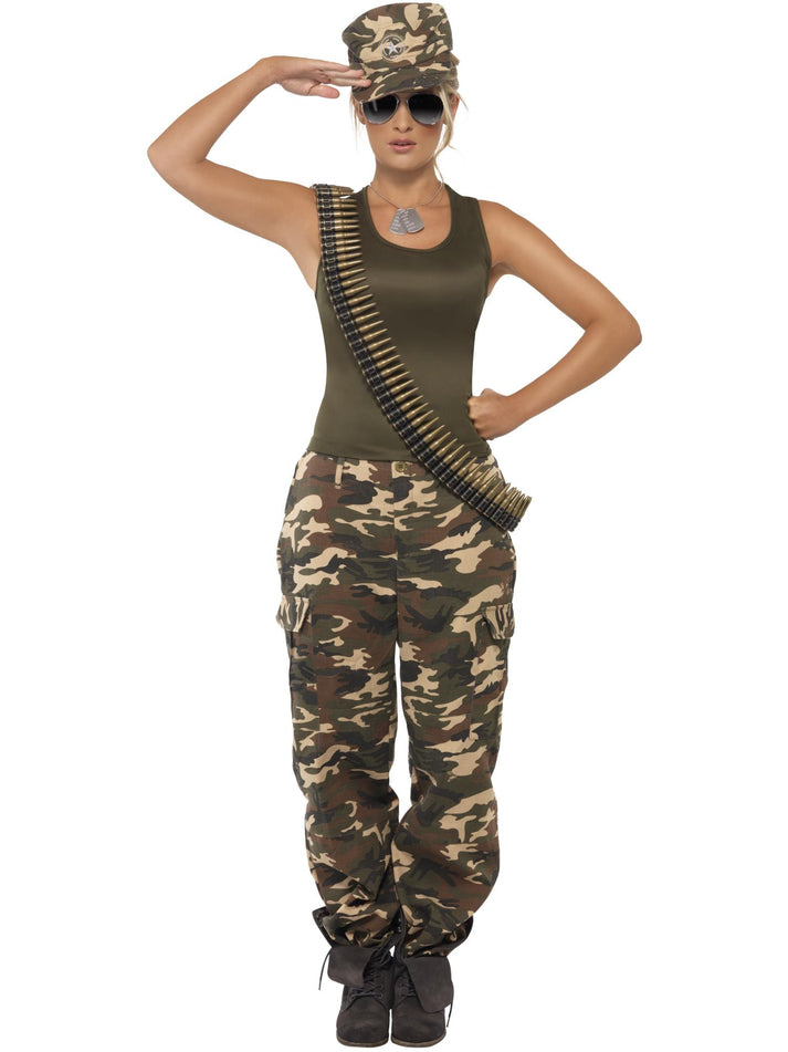 Khaki Camo Deluxe Costume Ladies Khaki Green with Vest Trousers and Hat 1