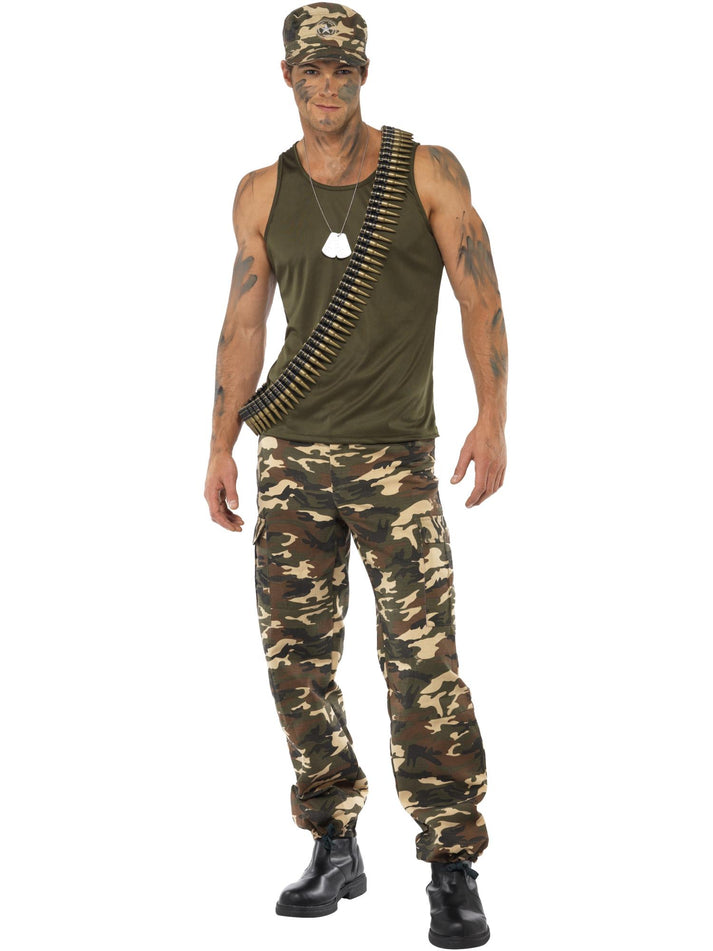 Khaki Camo Costume Adult Vest Trousers Hat 90s Boy Band Style Army Outfit 1