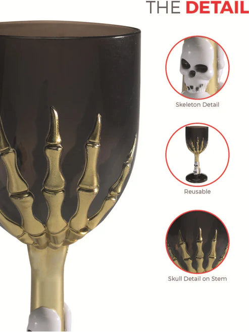 Gothic Wine Glass Adult Black Gold Coloured Skeleton Hand Stem Horror Party Accessory