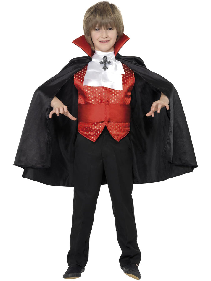 Dracula Boy Costume Kids Black Cape Red Cummerbund Waistcoat and White Cravat 1