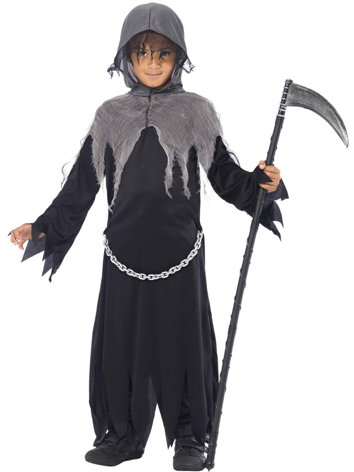 Grim Reaper Costume Kids Black Grey Hooded Robe with Attached Chain