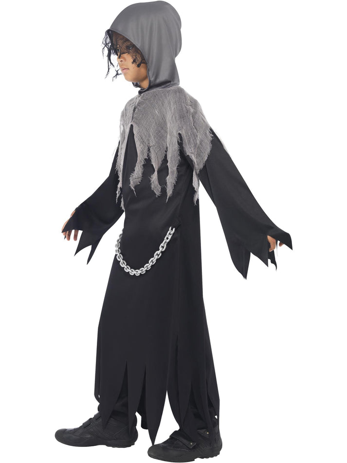 Grim Reaper Costume Kids Black Grey Hooded Robe with Attached Chain