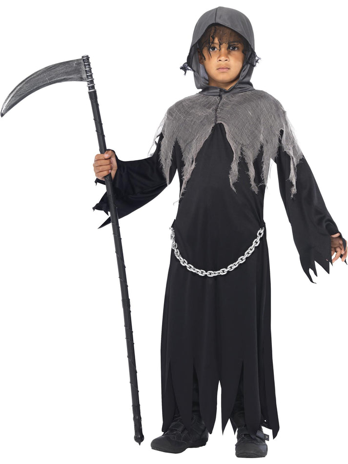 Grim Reaper Costume Kids Black Grey Hooded Robe with Attached Chain