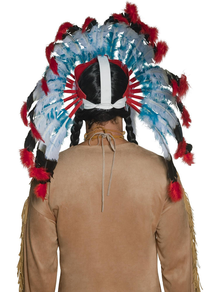 Native American Inspired Headdress Blue Red White Feathers Adult Costume Accessory 3