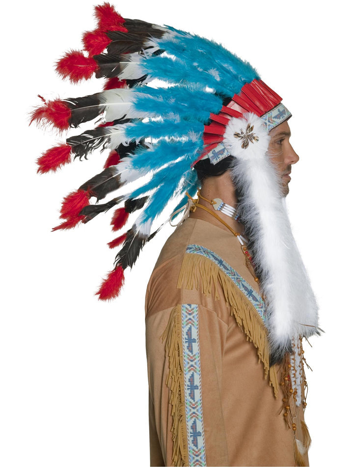 Native American Inspired Headdress Blue Red White Feathers Adult Costume Accessory 2