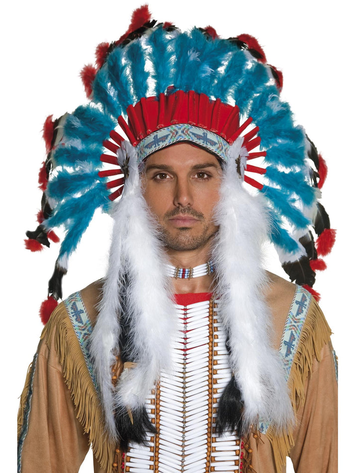 Native American Inspired Headdress Blue Red White Feathers Adult Costume Accessory 1