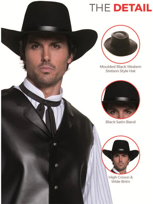 Authentic Western Gunslinger Hat Adult Black Wide Brimmed Costume Accessory