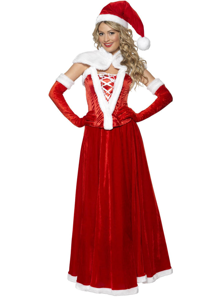 Luxury Miss Santa Costume Adult Red White, with Hat, Cape, Corset, Skirt & Gloves