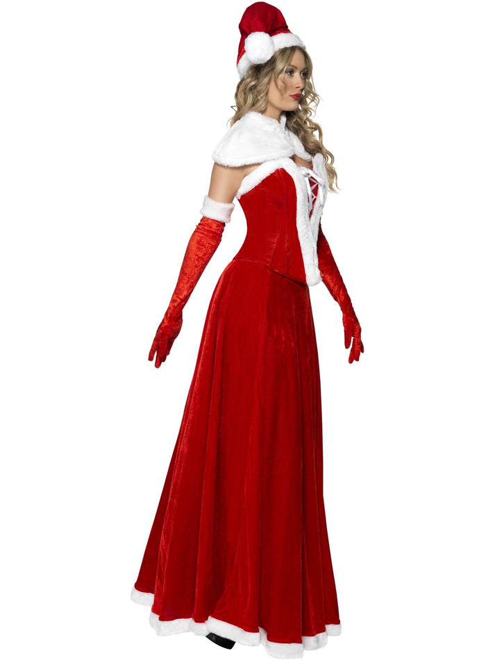 Luxury Miss Santa Costume Adult Red White with Hat Cape Corset Skirt and Gloves 2