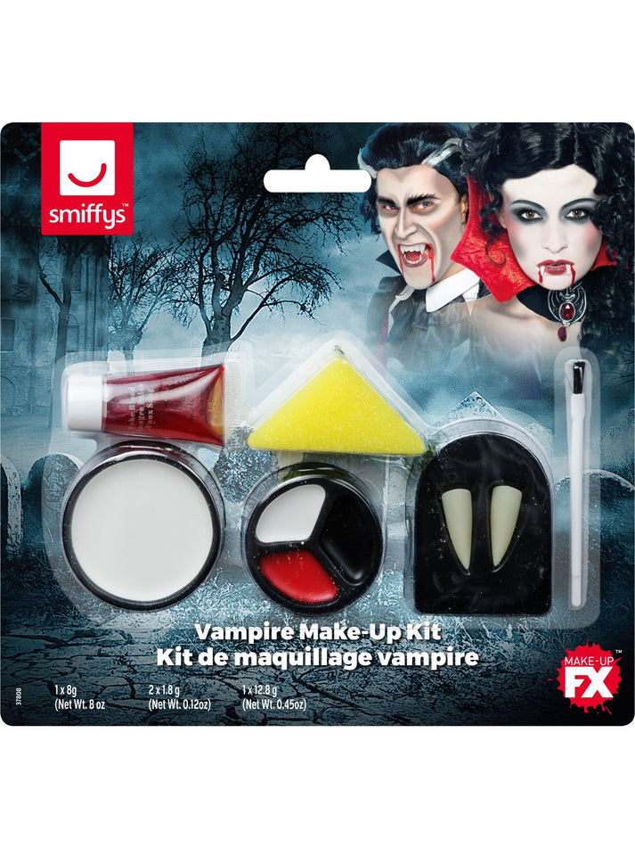 Vampire Make Up Set White Black and Red Facepaint Fangs Adhesive Blood and Applicator 1