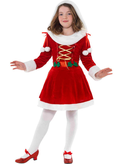 Little Miss Santa Costume Kids Red White Dress with Attached Hood 4