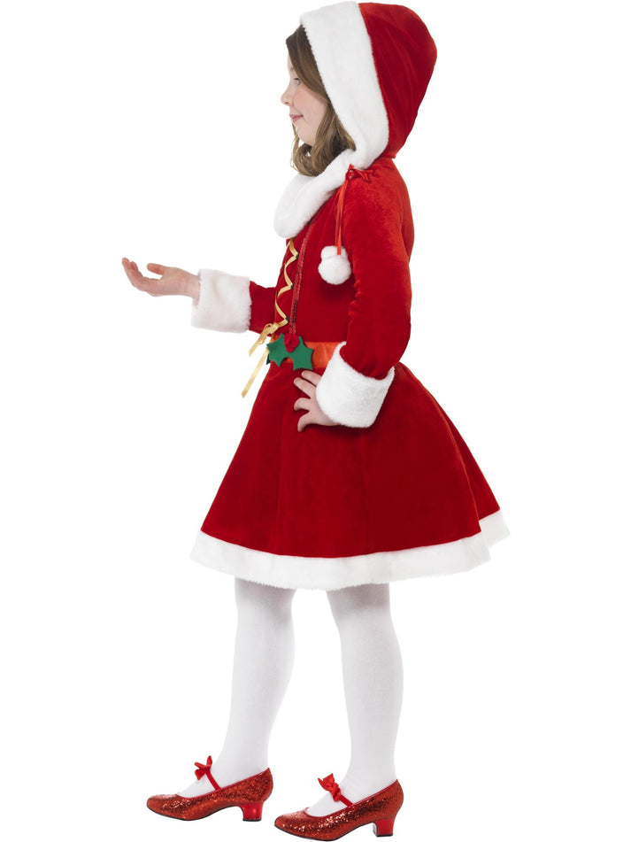 Little Miss Santa Costume Kids Red White Dress with Attached Hood
