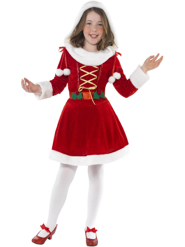 Little Miss Santa Costume Kids Red White Dress with Attached Hood 1