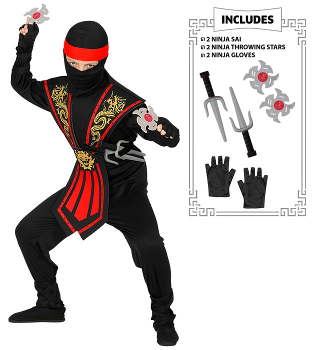 Red Kombat Ninja With Weapons  Jumpsuit, Chestpiece, Belt, Arm & Leg Ties, Mask, Headband, Gloves, 2 Ninja Daggers, 2 Ninja Throwing Stars 