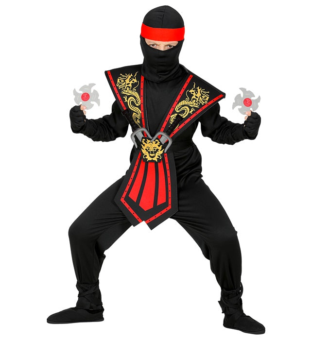 Red Kombat Ninja With Weapons  Jumpsuit, Chestpiece, Belt, Arm & Leg Ties, Mask, Headband, Gloves, 2 Ninja Daggers, 2 Ninja Throwing Stars 