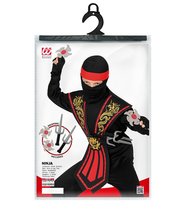 Red Kombat Ninja With Weapons  Jumpsuit, Chestpiece, Belt, Arm & Leg Ties, Mask, Headband, Gloves, 2 Ninja Daggers, 2 Ninja Throwing Stars 