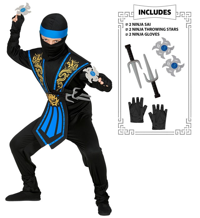 Blue Kombat Ninja With Weapons  Jumpsuit, Chestpiece, Belt, Arm & Leg Ties, Mask, Headband, Gloves, 2 Ninja Daggers, 2 Ninja Throwing Stars 