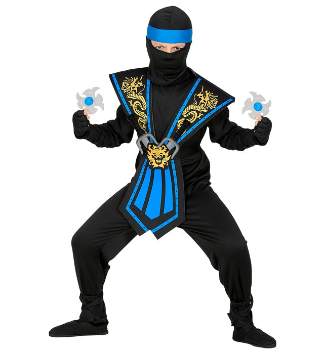 Blue Kombat Ninja With Weapons  Jumpsuit, Chestpiece, Belt, Arm & Leg Ties, Mask, Headband, Gloves, 2 Ninja Daggers, 2 Ninja Throwing Stars 
