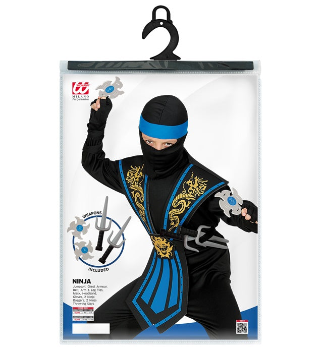 Blue Kombat Ninja With Weapons  Jumpsuit, Chestpiece, Belt, Arm & Leg Ties, Mask, Headband, Gloves, 2 Ninja Daggers, 2 Ninja Throwing Stars 