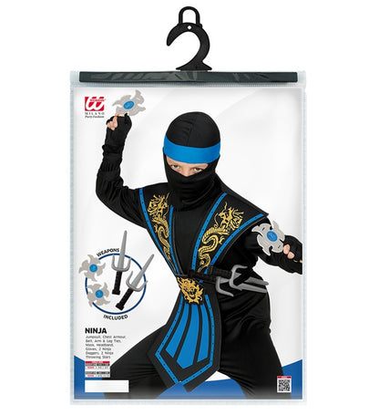 Blue Kombat Ninja With Weapons  Jumpsuit, Chestpiece, Belt, Arm & Leg Ties, Mask, Headband, Gloves, 2 Ninja Daggers, 2 Ninja Throwing Stars 