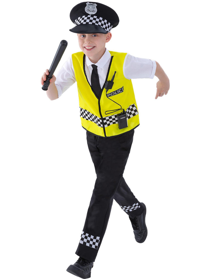Police Boy Costume Kids Yellow Top Black Trousers Hat and Radio Set 4