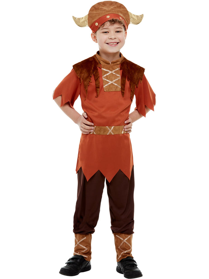 Kids Viking Costume Brown Top Trousers And Hat With Horns