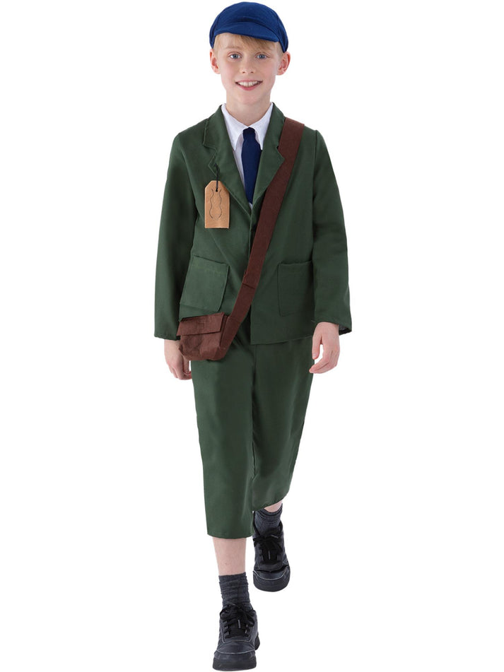 World War II Evacuee Boy Costume Kids Green Coat Trousers Hat and Bag