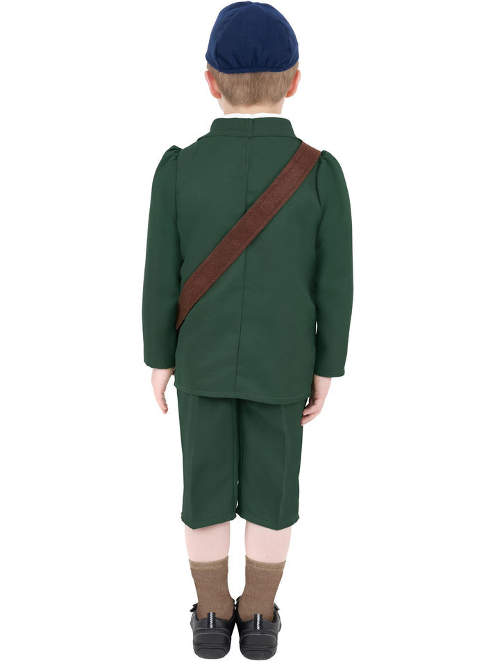 World War II Evacuee Boy Costume Kids Green Coat Trousers Hat and Bag