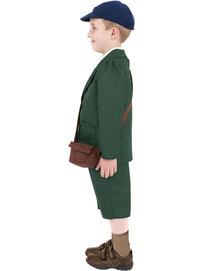 World War II Evacuee Boy Costume Kids Green Coat Trousers Hat and Bag