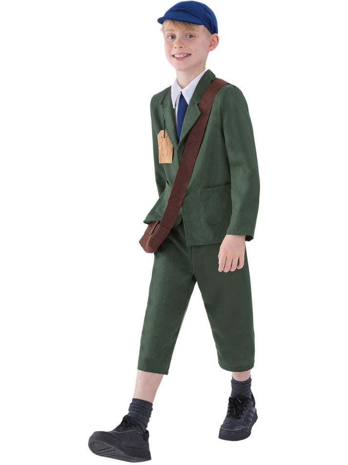 World War II Evacuee Boy Costume Kids Green Coat Trousers Hat and Bag
