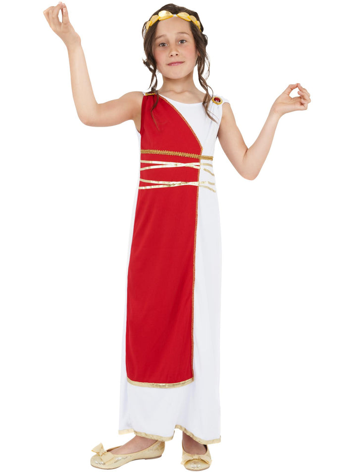 Grecian Girl Costume Kids Red White Robe Gold Headpiece 1