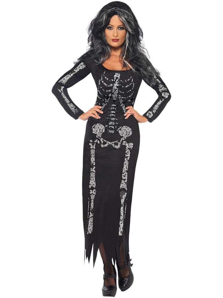 Skeleton Costume Ladies Black Long Tube Dress with Long Sleeves 1