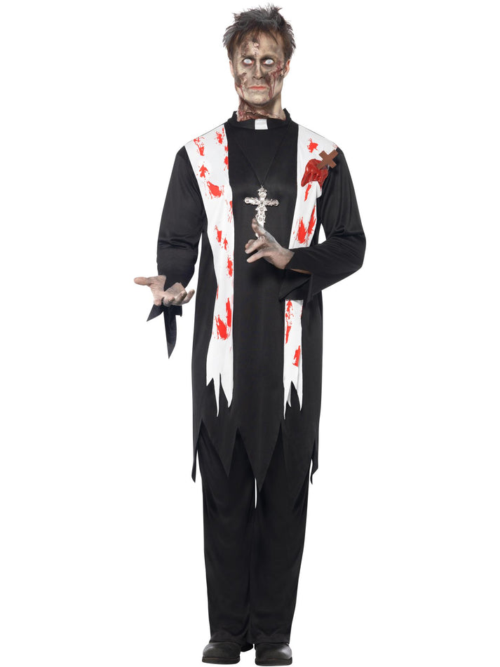 Zombie Priest Costume Adult Black with Blooded Top Latex Wound Collar and Trousers 4
