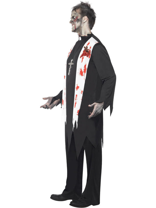 Zombie Priest Costume Adult Black with Blooded Top Latex Wound Collar and Trousers 2