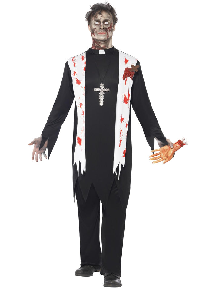 Zombie Priest Costume Adult Black with Blooded Top Latex Wound Collar and Trousers 1
