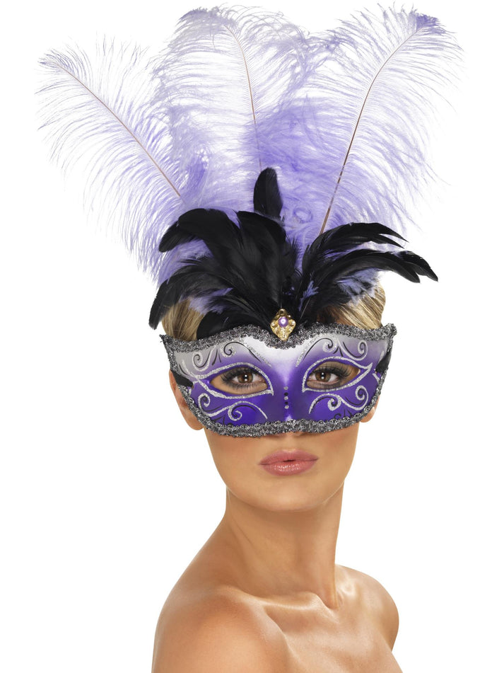 Venetian Colombina Eyemask with Multicolour Plume Adult Purple 1