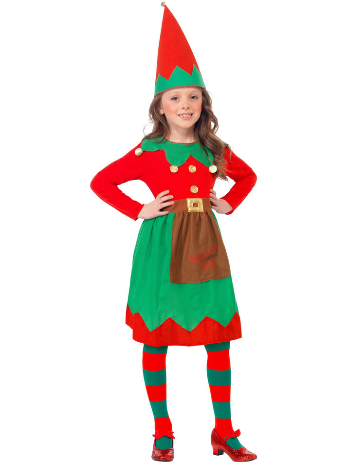 Santas Little Helper Costume Kids Red Green Dress and Hat