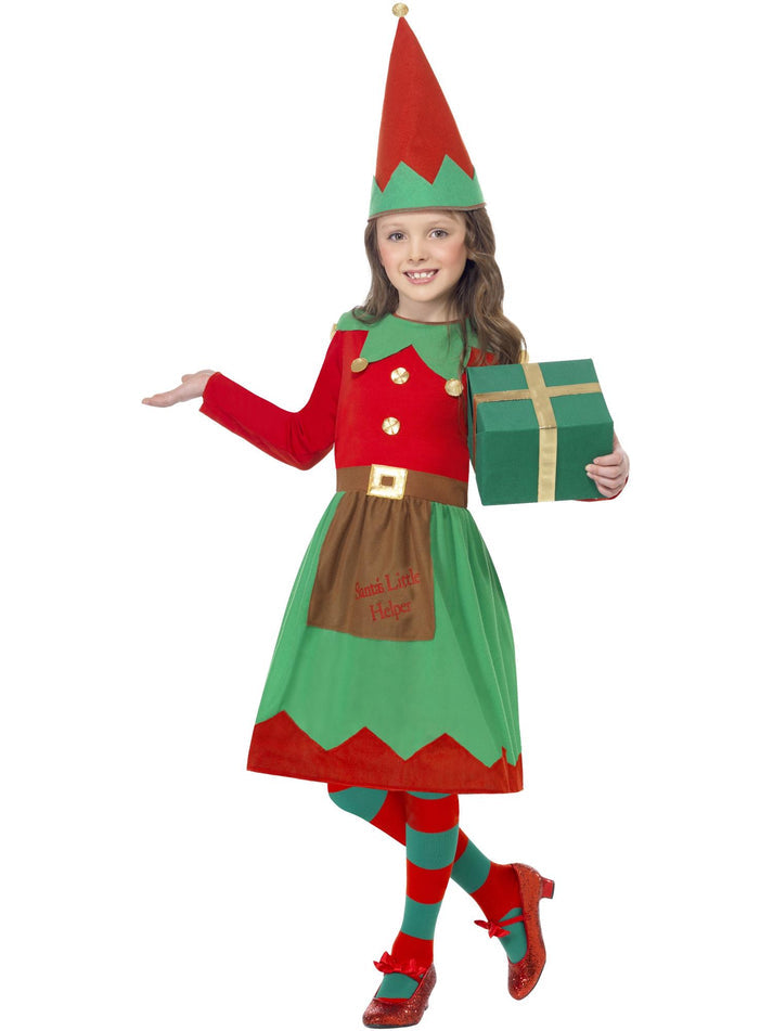 Santas Little Helper Costume Kids Red Green Dress and Hat 1