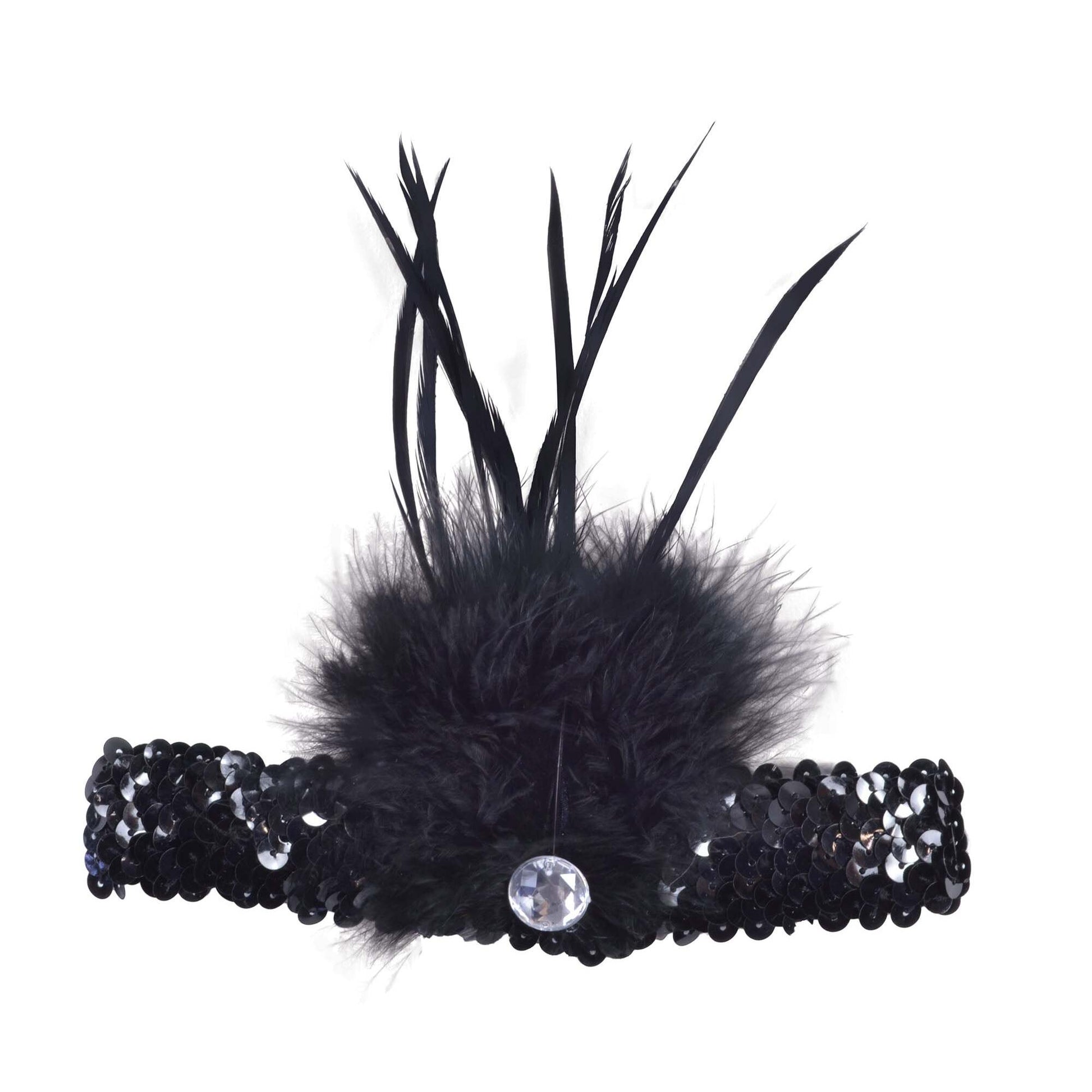 Black Flapper Headband Sequin With Feather 1