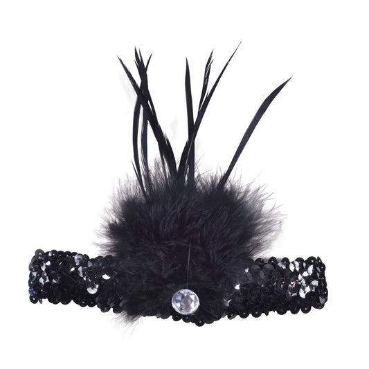 Black Flapper Headband Sequin With Feather 1
