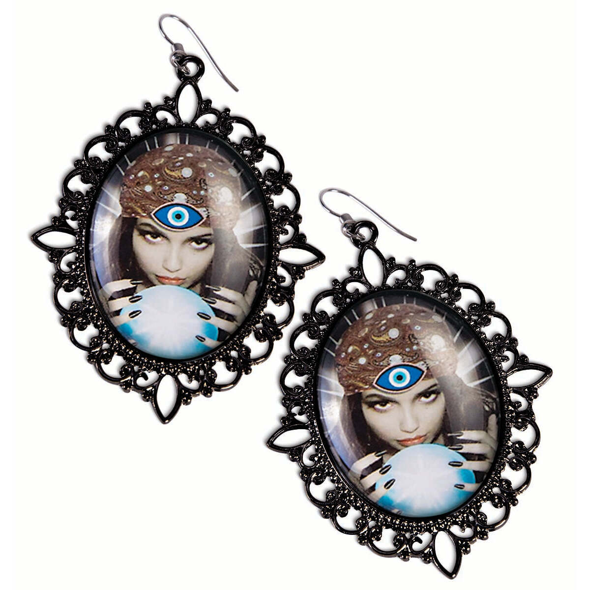 Fortune Teller Cameo Earrings Gypsy Crystal Ball Costume Jewelry 1