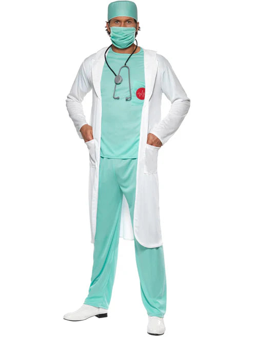 Doctor Costume Green Top Trousers Hat Mask Clear Name Tag White Coat