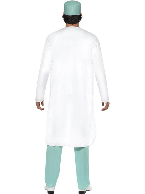 Doctor Costume Green Top Trousers Hat Mask Clear Name Tag White Coat