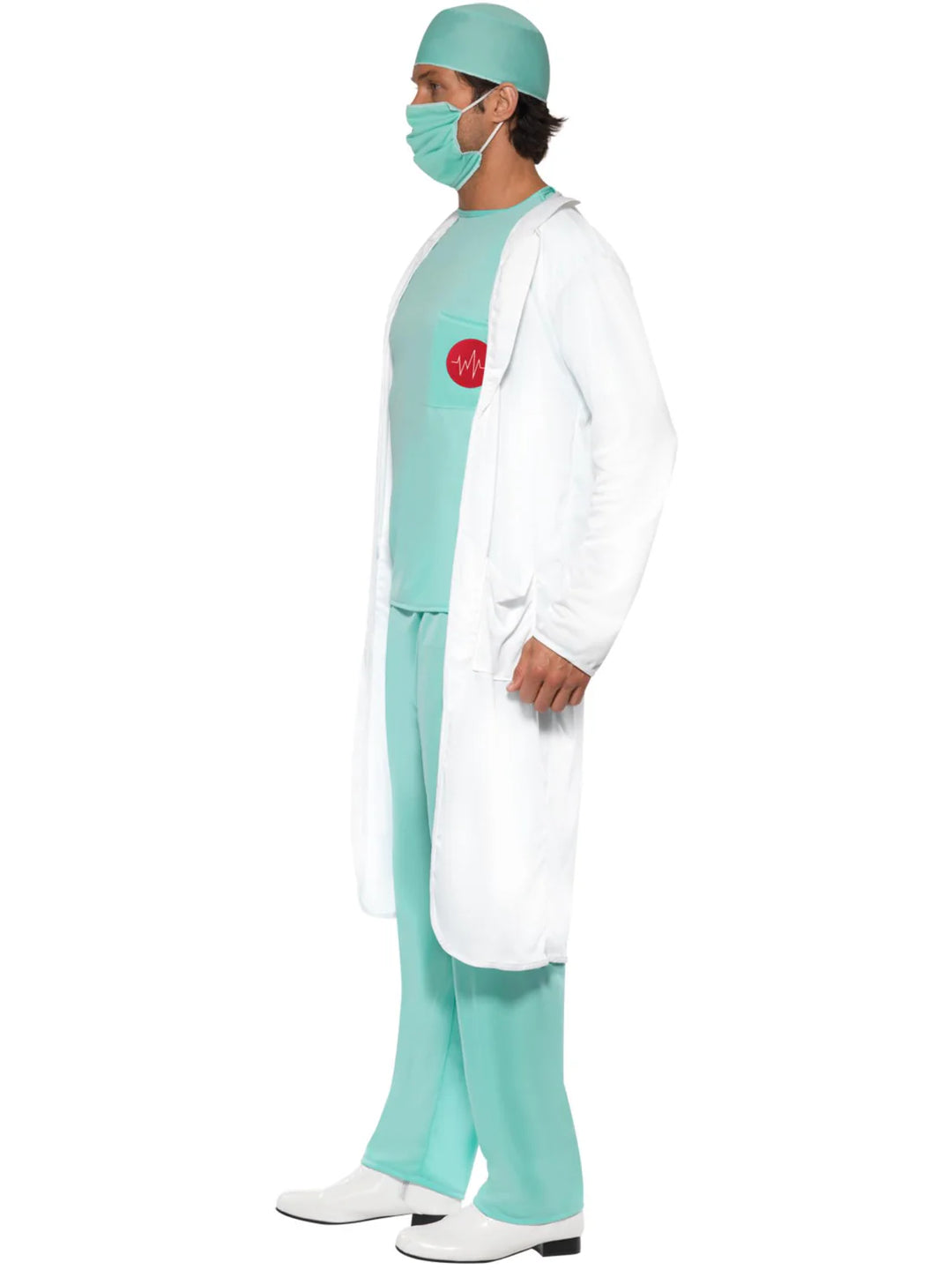 Doctor Costume Green Top Trousers Hat Mask Clear Name Tag White Coat